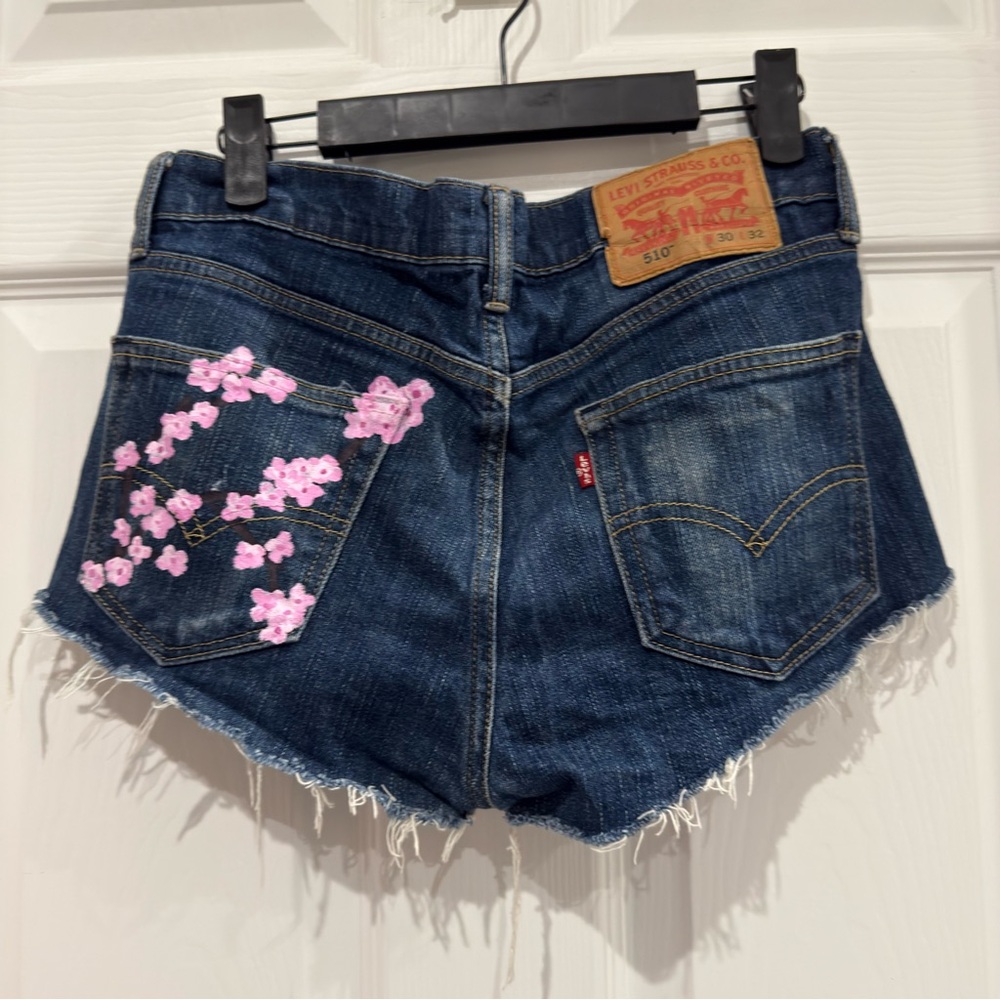 💙Levi 510 Custom Cut Jean Shorts Hand Painted Cherry Blossom Flower Design As Is